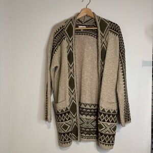 Lucky Brand Geometric Patterned Open Front Cardigan - Olive & Khaki Size M